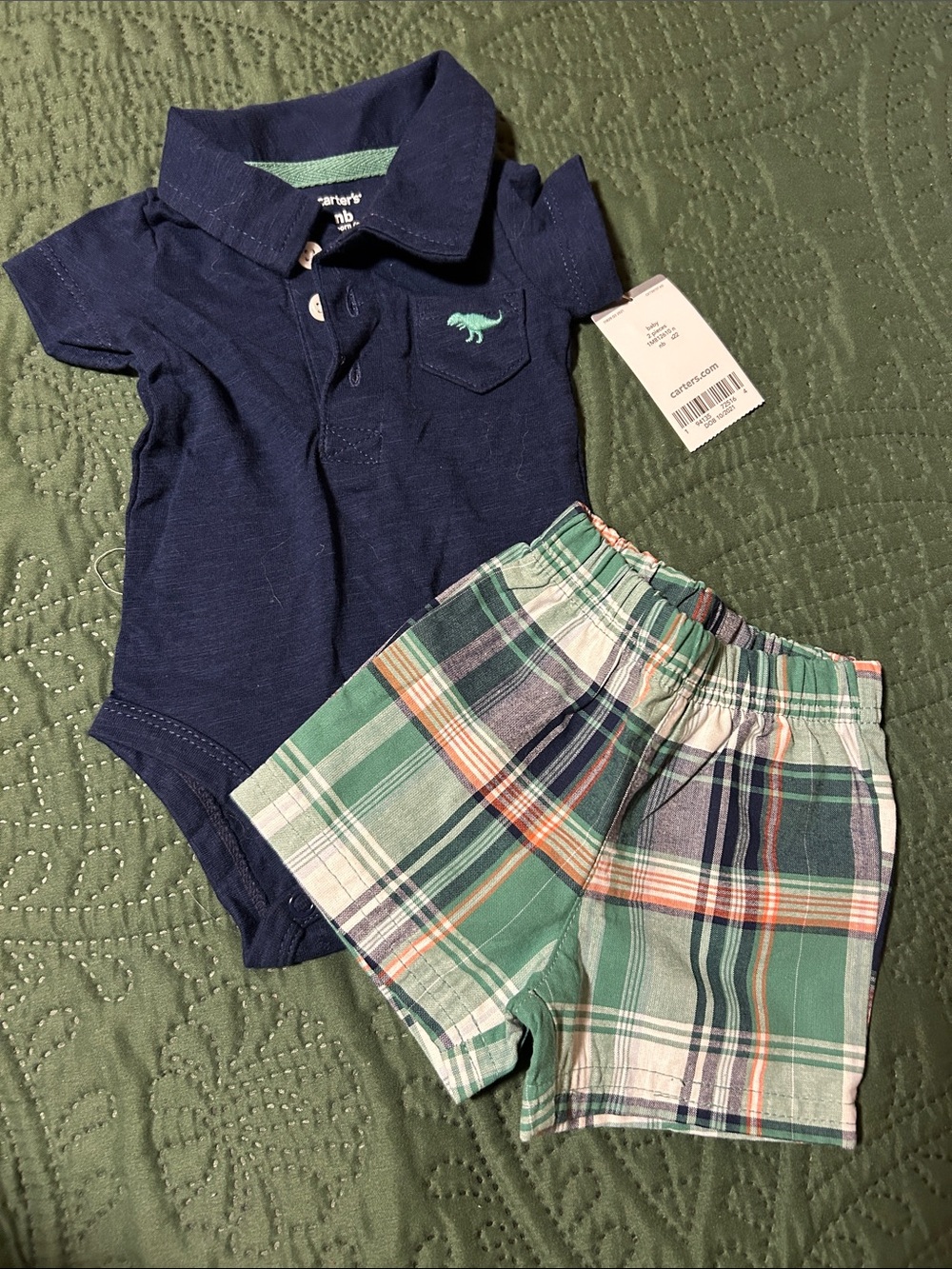 Carter's Navy Polo Bodysuit with Green Plaid Shorts